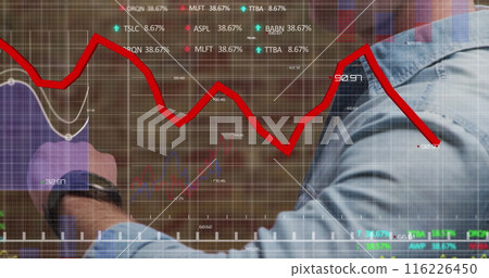Image of stock market data processing over mid section of caucasian man using smartwatch Image of stock market data processing over mid section of caucasian man using smartwatch 116226450