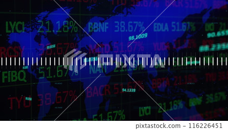 Image of stock market data processing over world map against black background Image of stock market data processing over world map against black background 116226451