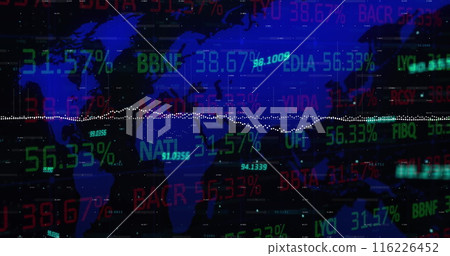 Image of stock market data processing over world map against black background Image of stock market data processing over world map against black background 116226452