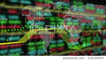 Image of financial and stock market data processing over world map against black background Image of financial and stock market data processing over world map against black background 116226454