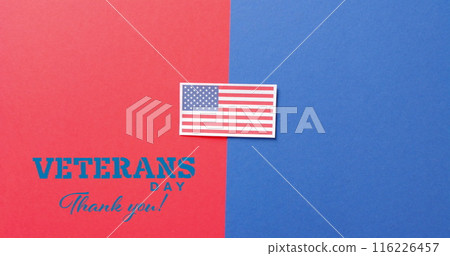 Image of veterans day text over flag of usa on red and blue background 116226457