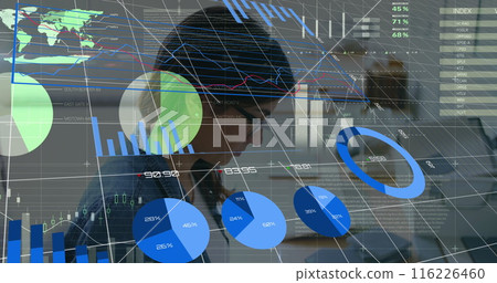 Image of infographic interface over caucasian researcher working in laboratory 116226460