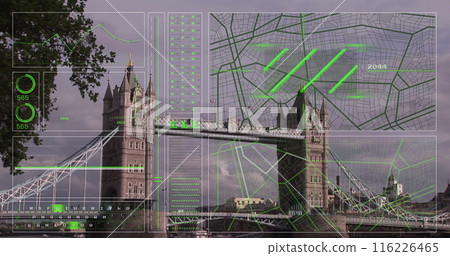 Image of interface with data processing against view of london bridge 116226465