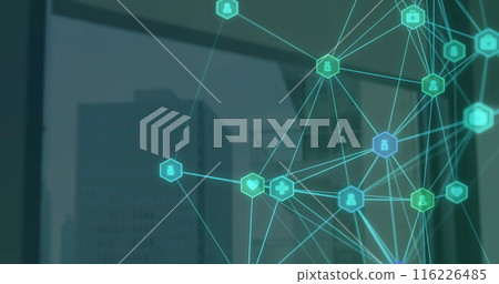 Image of connected icons forming globe over glass windows against modern buildings in background Image of connected icons forming globe over glass windows against modern buildings in background 116226485