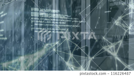 Image of connected dots and computer language over server room in background Image of connected dots and computer language over server room in background 116226487