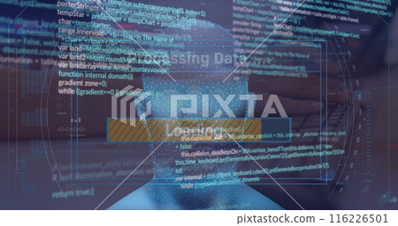 Image of loading text, bar, computer language, digital face on cropped hands typing on keyboard Image of loading text, bar, computer language, digital face on cropped hands typing on keyboard 116226501