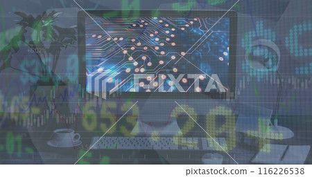 Image of stock market data processing over microprocessor connections on computer screen 116226538