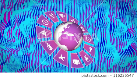 Image of globe with media icons over shapes moving 116226547