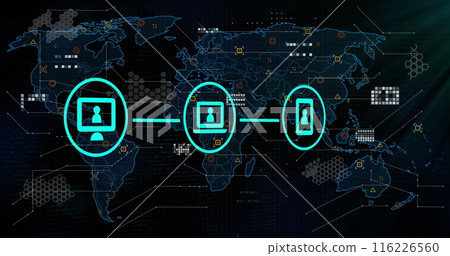 Network of media icons over world map and data processing 116226560