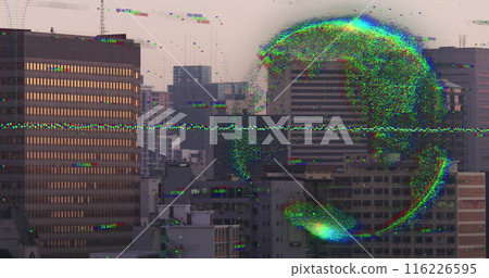 Image of data processing over spinning globe against aerial view of cityscape 116226595