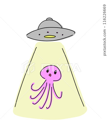 一個章魚形狀的外星人似乎被不明飛行物帶走的簡單插圖 116226669