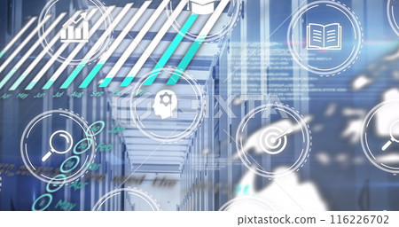 Image of icons and data processing with connections over computer server 116226702