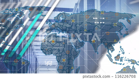 Image of world map and data processing with connections over computer server 116226708