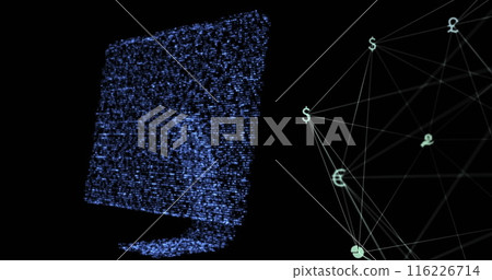 Image of glowing computer and globe with connections on black background Image of glowing computer and globe with connections on black background 116226714