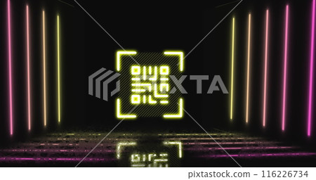 Image of qr code and neon lines on black background 116226734