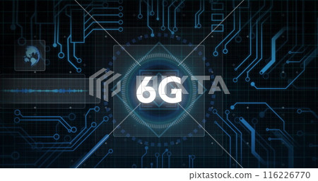 Image of 6g text over round scanner, microprocessor connections and data processing Image of 6g text over round scanner, microprocessor connections and data processing 116226770