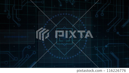 Image of 6g text over round scanner, microprocessor connections and data processing 116226776