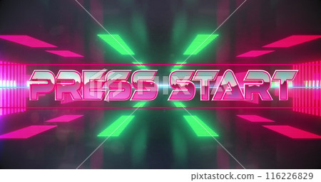 Image of press start text banner against neon tunnel in seamless pattern 116226829