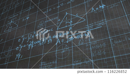 Image of mathematical equations and formulas over grid network against textured grey background Image of mathematical equations and formulas over grid network against textured grey background 116226852