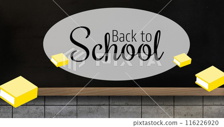 Image of back to school text and yellow books over blackboard Image of back to school text and yellow books over blackboard 116226920