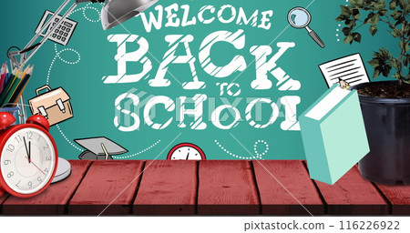 Image of welcome back to school text and school icons 116226922