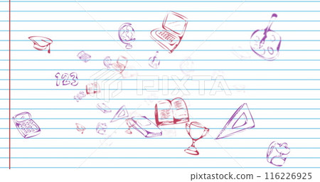 Image of school icons over white ruled paper background Image of school icons over white ruled paper background 116226925