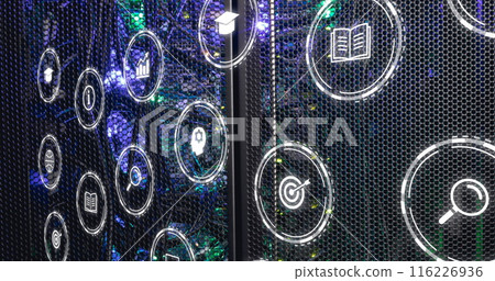 Image of multiple digital icons against close up of a computer server 116226936