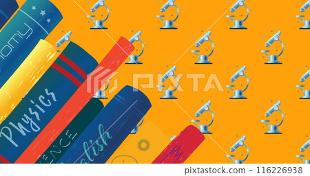 Image of books school icons and copy space over orange background 116226938