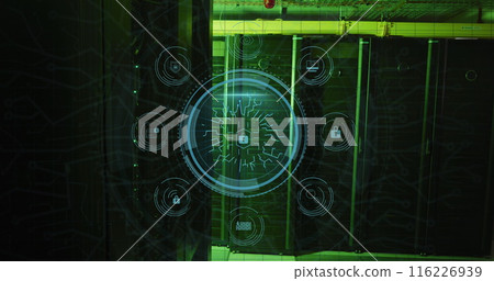 Image of digital icons and security padlock against computer server room 116226939