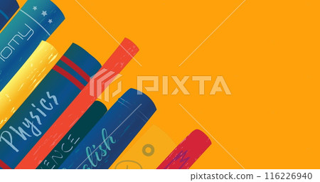 Image of books school icons and copy space over orange background 116226940