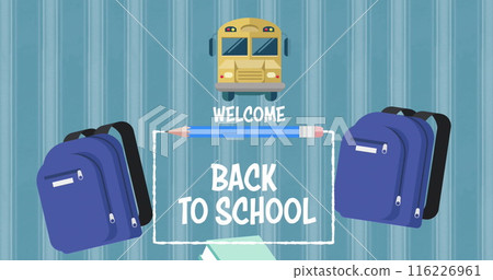 Image of welcome back to school text and school icons falling against blue striped background 116226961