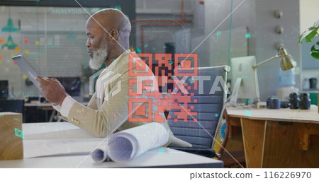 Image of qr code and data processing over african american businessman using tablet Image of qr code and data processing over african american businessman using tablet 116226970