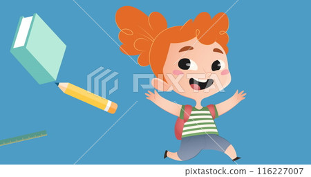 Image of school icons and schoolgirl over blue background 116227007