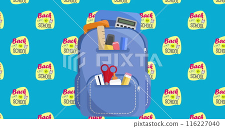 Image of back to school text and schoolbag over blue background Image of back to school text and schoolbag over blue background 116227040