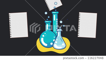Image of chemistry and notebooks school icons on black background Image of chemistry and notebooks school icons on black background 116227048