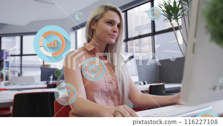 Image of multiple bar graph icons floating against caucasian woman smiling at office Image of multiple bar graph icons floating against caucasian woman smiling at office 116227108