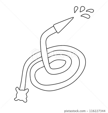 Watering hose with water drops, garden design element, doodle style vector outline for coloring book. Graphic Art of Gardening equipment isolated on White background. Firefighting Hose in linear style 116227344