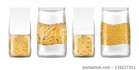 Spaghetti package set. Different types noodles in cellophane packaging, white blank label. Farfalle and fusilli. Cooking ingredient. Raw product. Italian food. Vector realistic isolated illustration 116227351