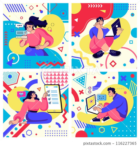 Creative geometric cards. Woman puts checkmarks. Man with laptop. Abstract geometric shapes. Students exam. Choice ticks. Computer work. Online questionnaire. Smartphone checklist. Vector banners set Creative geometric cards. Woman puts checkmarks. Man with laptop. Abstract geometric shapes. Students exam. Choice ticks. Computer work. Online questionnaire. Smartphone checklist. Vector banners set 116227365