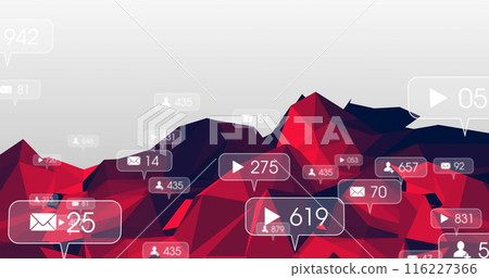 Image of social media icons floating against abstract geometric shape pattern background Image of social media icons floating against abstract geometric shape pattern background 116227366