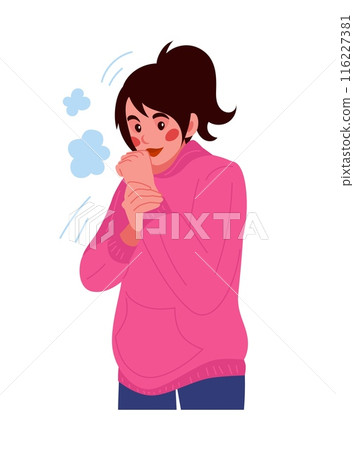 Cold weather. Freezing woman. Girl shivering and suffering from frost. Winter season. Warm outerwear. Low temperature. Unhappy trembling person. Frosty breath steam. Wintertime clothes. Vector concept 116227381