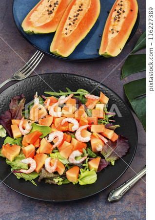 Fruit salad with shrimp and exotic papaya. 116227389