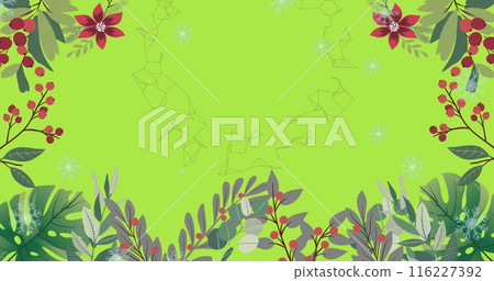 Image of tropical bird, leaves and pattern on green background Image of tropical bird, leaves and pattern on green background 116227392