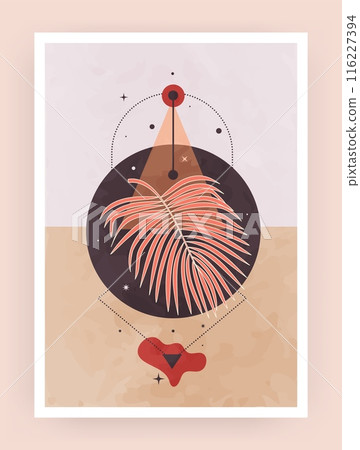 Boho poster. Magic figures. Astrology stars. Occult leaves. Esoteric geometry. Flat triangle and circle collage. Spiritual galaxy. Moon pentagram. Abstract frame. Bohemian design. Vector tarot card 116227394