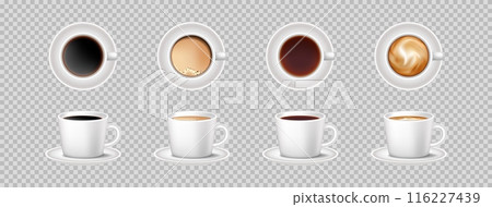 Coffee 3d. Tea mug top and side view. Cappuccino with milk, espresso and latte. Cafe icon front. Mockup hot drink, Americano cup, white tableware. Isolate background. Vector realistic illustration Coffee 3d. Tea mug top and side view. Cappuccino with milk, espresso and latte. Cafe icon front. Mockup hot drink, Americano cup, white tableware. Isolate background. Vector realistic illustration 116227439