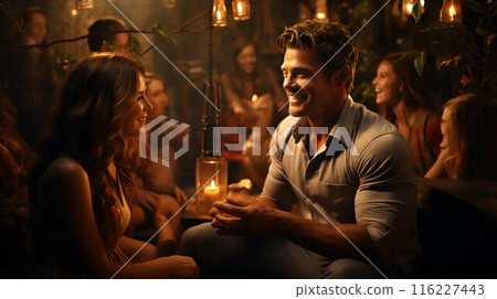 A man and a woman are sitting relaxing in a bar and laughing and smiling on a date A man and a woman are sitting relaxing in a bar and laughing and smiling on a date 116227443