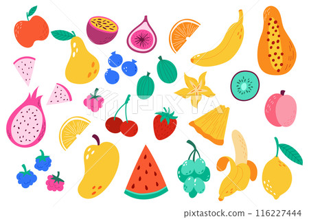 Fruits cartoon set. Sticker doodle tropical collection. Apple, strawberry, hand drawn lemon and banana. Food pattern, icon exotic abstract. Texture design summer. Vector nature art garish illustration 116227444