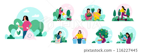 Recycle garbage. Green life. People care of Earth ecology. Waste environment. Nature ECO energy. World ecosystem. Bio power. Organic agriculture. Environmental conservation. Vector garish concepts set 116227445