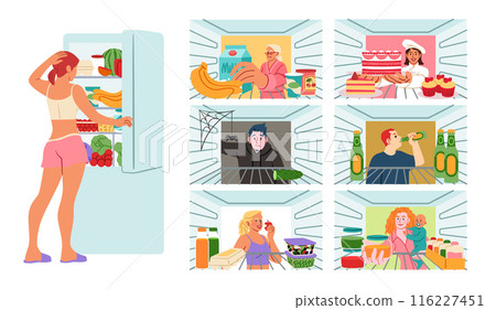 Open fridge. Refrigerator inside view. People looking at food on shelving. Kitchen storage. Midnight gluttony. Young woman choosing snacks. Empty shelf. Hungry man. Healthy eating. Vector freezers set Open fridge. Refrigerator inside view. People looking at food on shelving. Kitchen storage. Midnight gluttony. Young woman choosing snacks. Empty shelf. Hungry man. Healthy eating. Vector freezers set 116227451