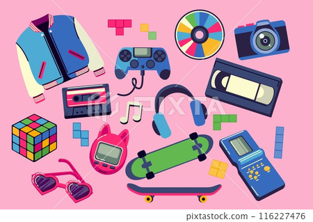80s retro elements. 90s music sticker. Pop fashion. Game icons. Skate and roller. Video cassette. Doodle graphic party. Funky 1980s. Neon sunglasses. Collage style design. Trend objects vector set 80s retro elements. 90s music sticker. Pop fashion. Game icons. Skate and roller. Video cassette. Doodle graphic party. Funky 1980s. Neon sunglasses. Collage style design. Trend objects vector set 116227476